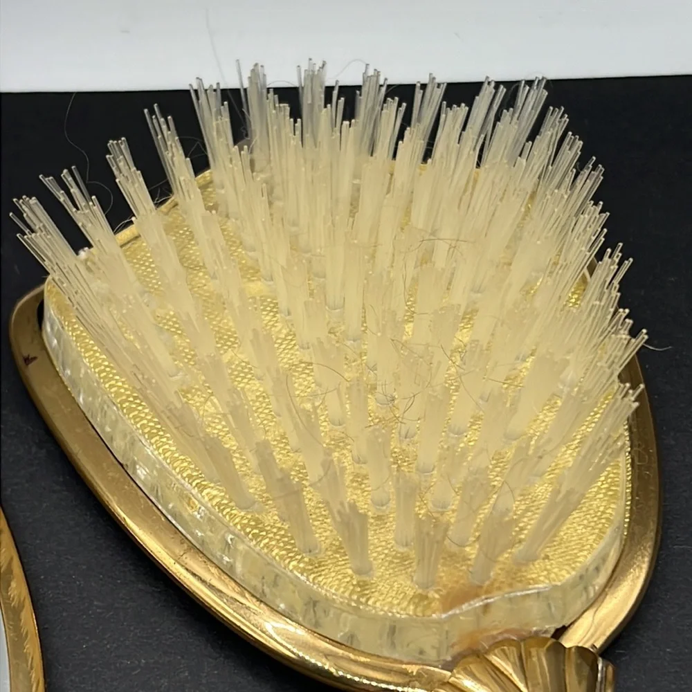 Vintage flower vanity hand mirror and brush